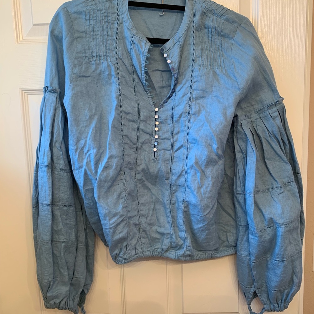 Dusty Blue Free People Linen Pirate Blouse